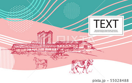 Horizontal agricultural banner with a picture of a barn, grain elevator and a cow. 55028488