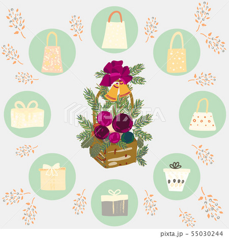 Circle border with gifts, boxes and floral decor. Circle border with gifts, boxes and floral decor. 55030244