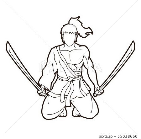 Samurai warrior sitting with swords cartoon  55038660