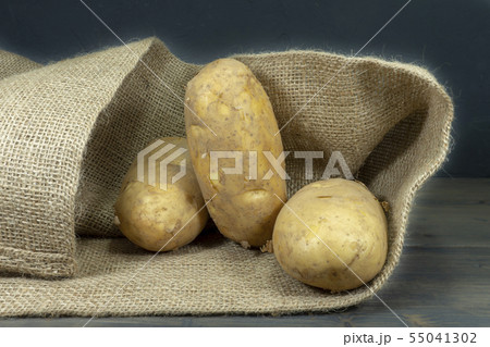 Potatoes, spilling out of hessian sack Potatoes, spilling out of hessian sack 55041302