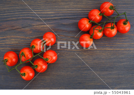 Ripe cherry tomatoes on a twig on a dark woden 55043961