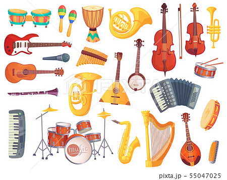 Cartoon musical instruments, guitars, bongo drums, cello, saxophone, microphone, drum kit isolated Cartoon musical instruments, guitars, bongo drums, cello, saxophone, microphone, drum kit isolated 55047025