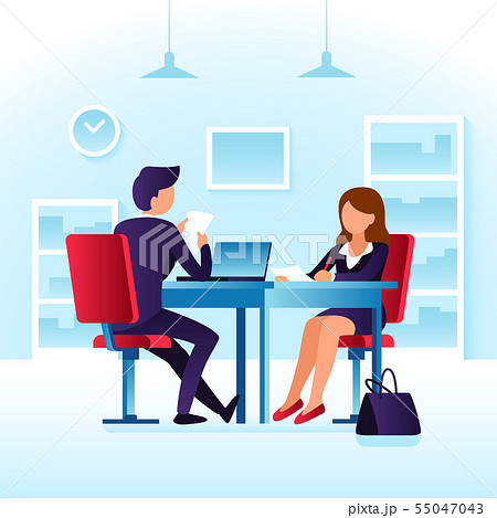 Employee contender woman and impressed employer interviewer. Job interview, meet at table cartoon 55047043
