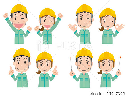 作業員ヘルメット男女ポーズ上半身セット 55047306