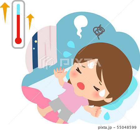 暑くて寝苦しそうな若い女性 55048599