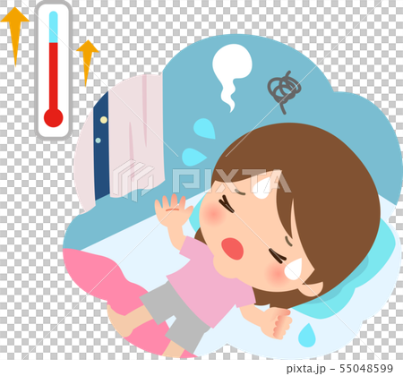 暑くて寝苦しそうな若い女性 55048599