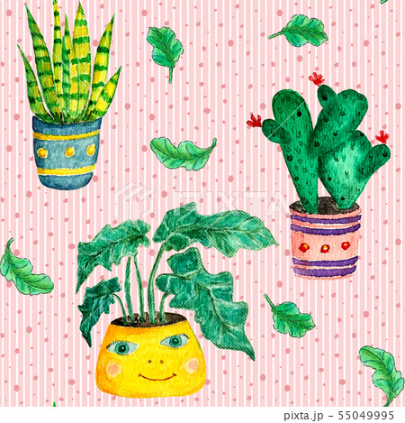 Houseplants in pots, watercolor seamless pattern Houseplants in pots, watercolor seamless pattern 55049995