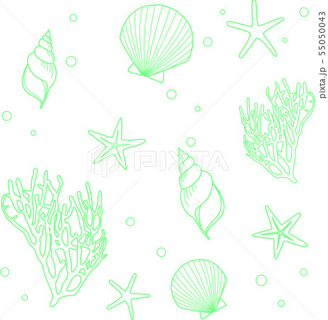 ヒトデとサンゴと貝殻 ラインイラスト ライトグリーン のイラスト素材