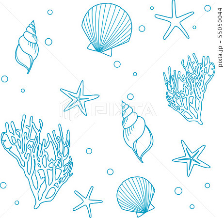ヒトデとサンゴと貝殻 ラインイラスト ライトブルー のイラスト素材 55050044 Pixta