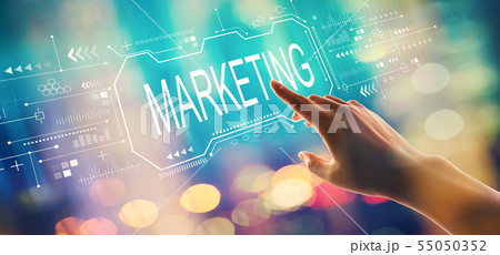 Marketing concept with hand pressing a button 55050352