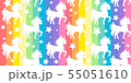 Cute white unicorns silhouette on rainbow colorful stripes seamless vector pattern background 55051610