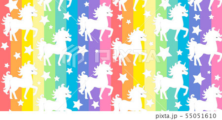 Cute white unicorns silhouette on rainbow colorful stripes seamless vector pattern background 55051610