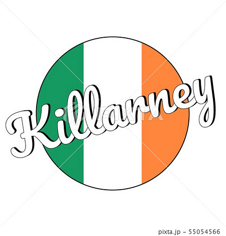 Round button Icon of national flag of Ireland with green, white and orange colors and inscription of 55054566
