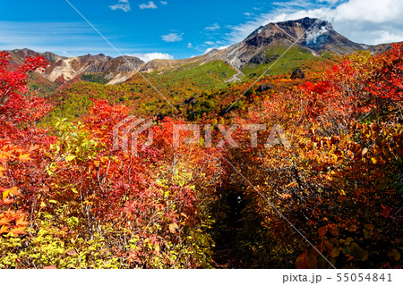 那須連峰 姥ヶ平下の紅葉と茶臼岳の山並みの写真素材