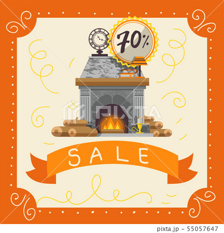 Fireplaces sale vector poster. Fire place made of natural stone inside and a bright burning flame 55057647