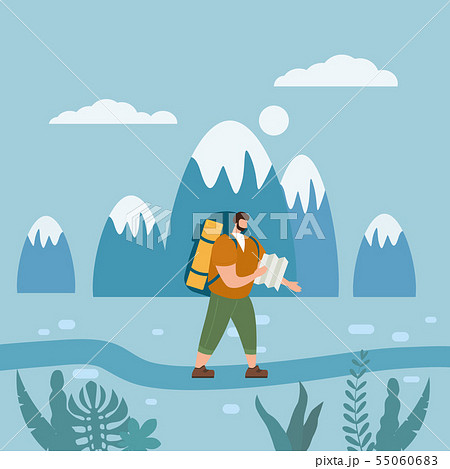 Tourist man with map and backpack performing outdoor touristic activity. Forest trees mountain 55060683
