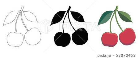 Red cherry with green leaves. Berries isolated on white background. Set of elements. Contour and 55070455
