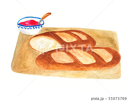 フランスパンとジャム 水彩画 のイラスト素材