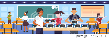 students testing 3d glasses mix race teenagers wearing virtual reality digital goggles headset students testing 3d glasses mix race teenagers wearing virtual reality digital goggles headset 55075404
