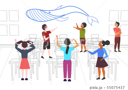 mix race people wearing modern 3d glasses students group looking at virtual reality blue whale 55075437