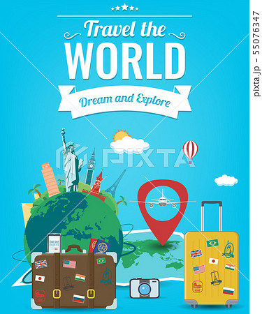 Travel composition with famous world landmarks. Travel and Tourism concept. Vector 55076347