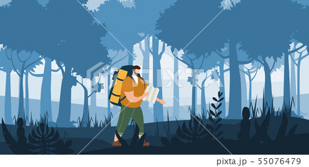 Tourist man with map and backpack performing outdoor touristic activity. Forest trees mountain 55076479