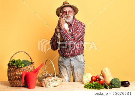 Senior gardener, posing with hen in hands, standing behind counter with vegetables Senior gardener, posing with hen in hands, standing behind counter with vegetables 55076531