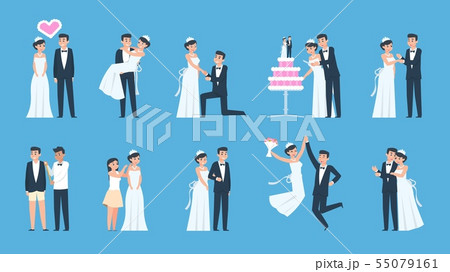 Groom and bride. Cartoon wedding couple in different scenes, preparing and celebrating. Vector Groom and bride. Cartoon wedding couple in different scenes, preparing and celebrating. Vector 55079161