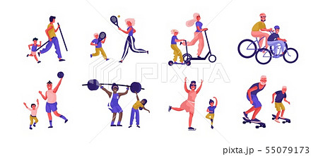 Parents and children sport activities. Cartoon active family characters playing games and spending Parents and children sport activities. Cartoon active family characters playing games and spending 55079173