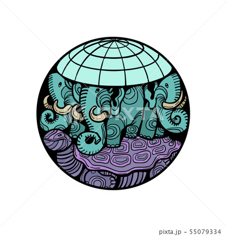 disc planet earth rests on an elephant, and a turtle 55079334