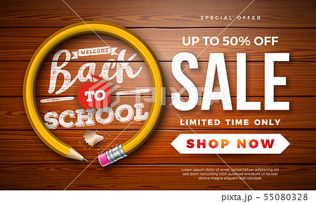 Back to School Sale Design with Graphite Pencil and Typography Letter on Vintage Wood Background 55080328