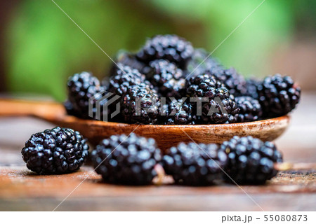 Close up fresh mulberries fruit in wooden spoon on table Close up fresh mulberries fruit in wooden spoon on table 55080873