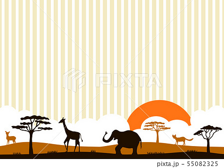 サバンナ 動物シルエット ストライプ背景のイラスト素材