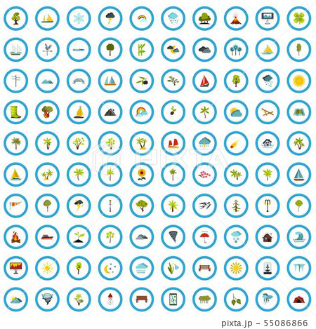 100 plein air icons set, flat style 100 plein air icons set, flat style 55086866