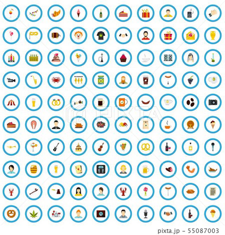 100 party icons set, flat style 55087003