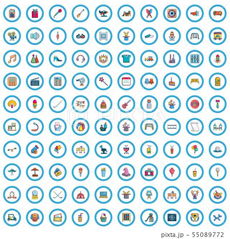 100 recreational activities icons set, cartoon style 55089772