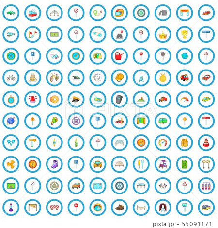 100 road icons set, cartoon style 55091171