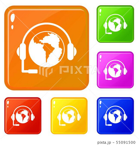 World planet and headset icons set vector color 55091500