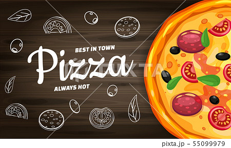 Pizza Pizzeria Italian horizontal template flyer baner with ingredients and text on wooden Pizza Pizzeria Italian horizontal template flyer baner with ingredients and text on wooden 55099979