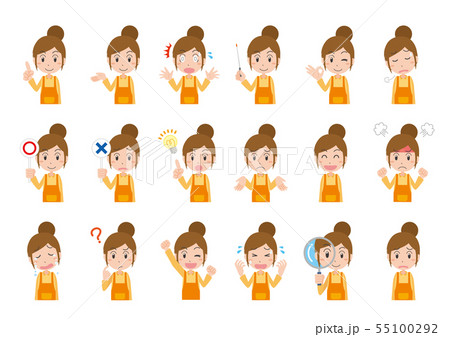 女性 エプロン 保育士 主婦 ポーズ 表情 感情 セットのイラスト素材 55100292 Pixta