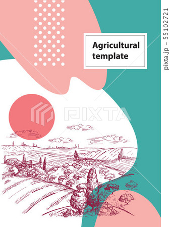 Vector image of a field, haystacks, a tree and a house in the Tuscan style. Geometrical composition 55102721