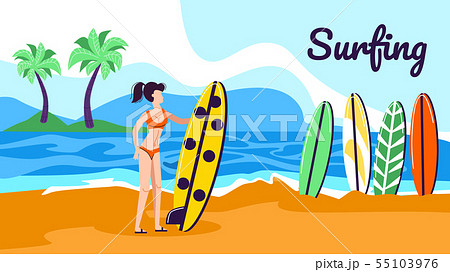 Girl with Surfer Board Stand at Beautiful Seaside 55103976