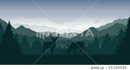two wildlife reindeers on green mountain and forest landscape two wildlife reindeers on green mountain and forest landscape 55104595