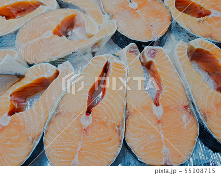 Fresh appetizing raw fish steaks Fresh appetizing raw fish steaks 55108715