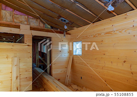 wooden house is under construction of wooden walls wooden house is under construction of wooden walls 55108855