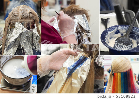 Collage of colored staining of the woman hair.  55109923