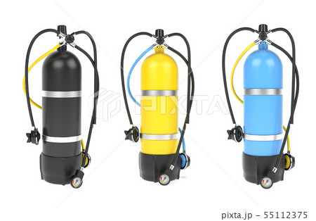 Scuba diving air tank with regulator set. Colored set of cylinders. 3d rendering illustration 55112375