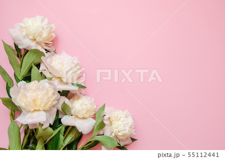 Flower frame with fresh branches of white piony 55112441