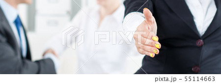 Beautiful smiling business woman in suit offering hand to shake 55114663