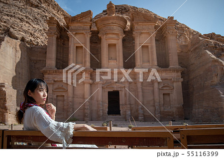 Asian woman tourist sitting in Petra, Jordan Asian woman tourist sitting in Petra, Jordan 55116399